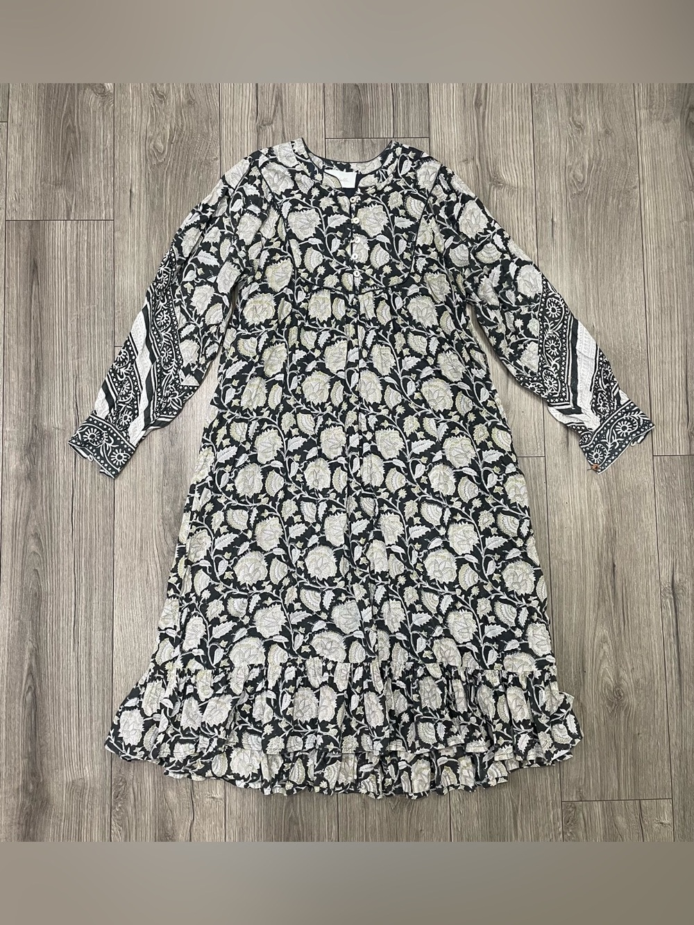 Cleobella Black White Floral Woodblock Print Tiered Ruffle Midi Dress Size Small